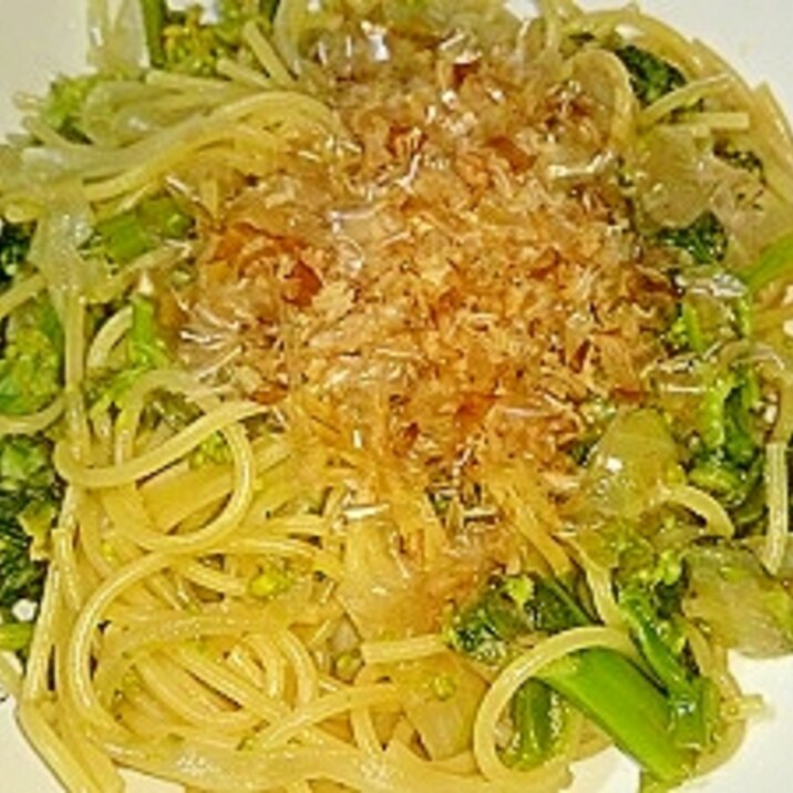 フライパンひとつで☆菜の花と玉ねぎのめんつゆパスタ